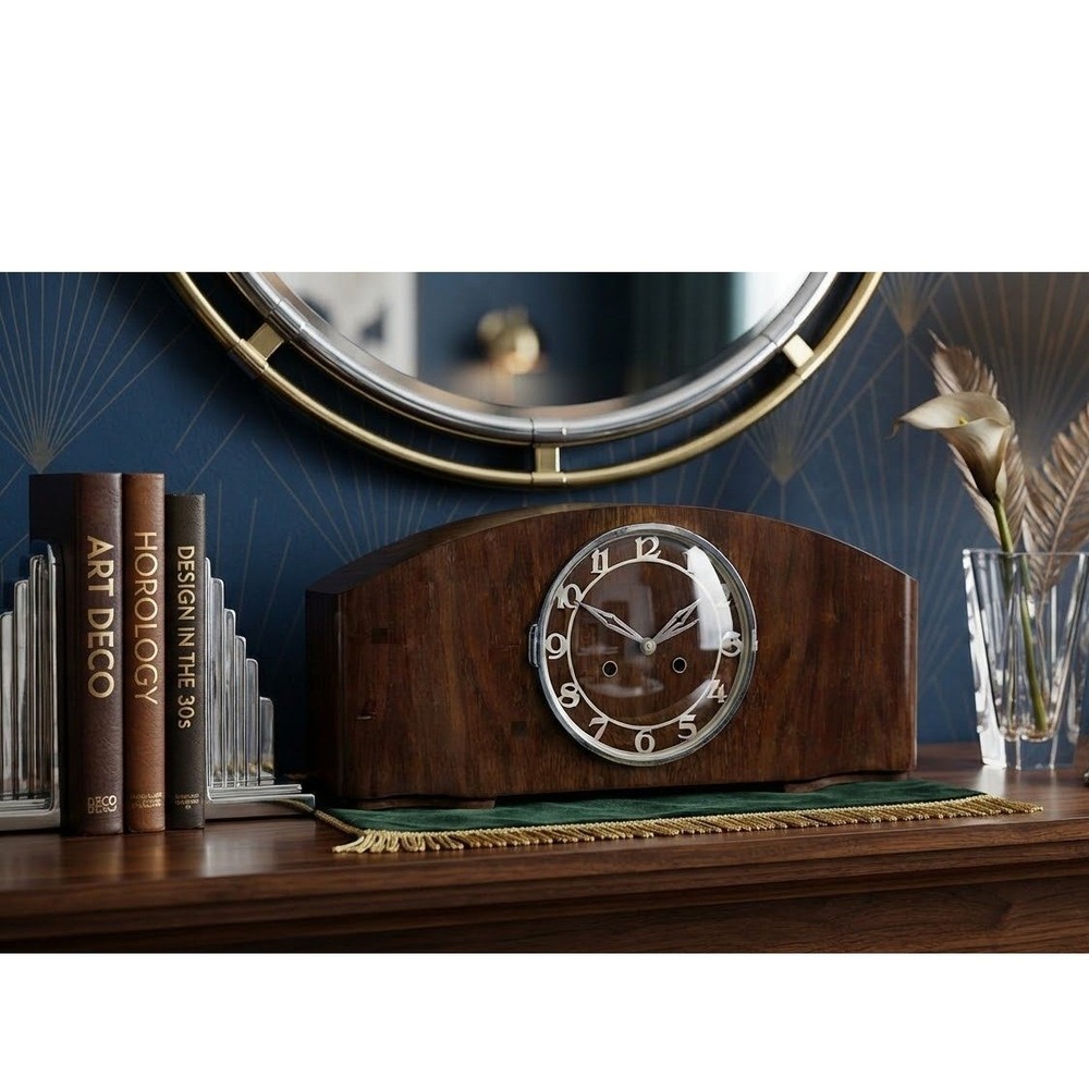 Vintage 1950s Tambour Mantel Clock German 8 Day Movement 130 Stamp Wood Case